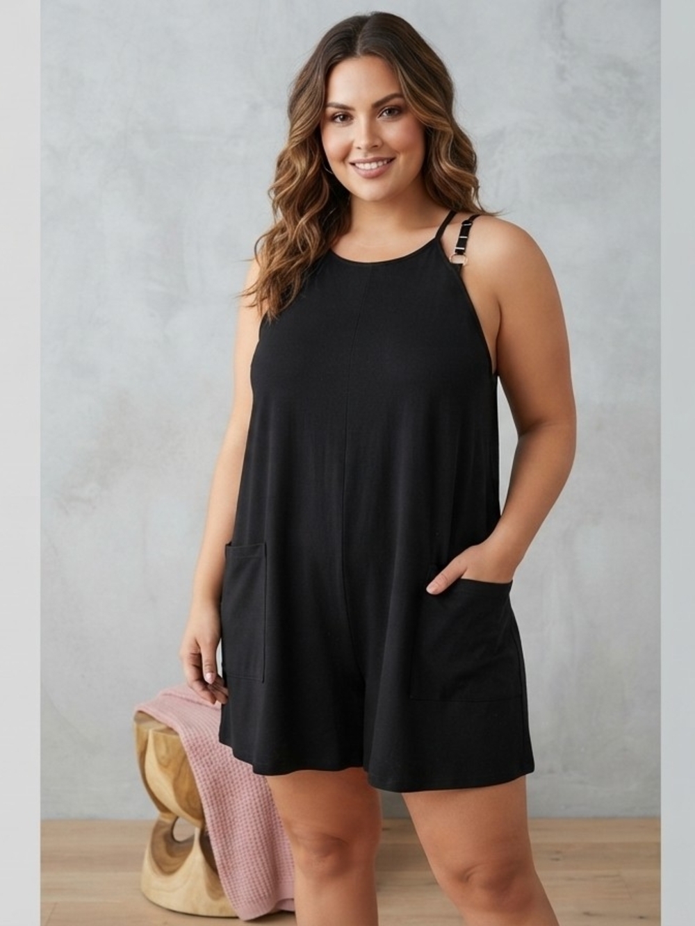 Plus Size Black Swim Cover-Up Romper with Adjustable Straps